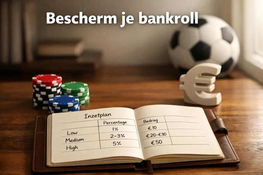Bankrollbeheer bij voetbalweddenschappen met notitieboek en gestapelde fiches