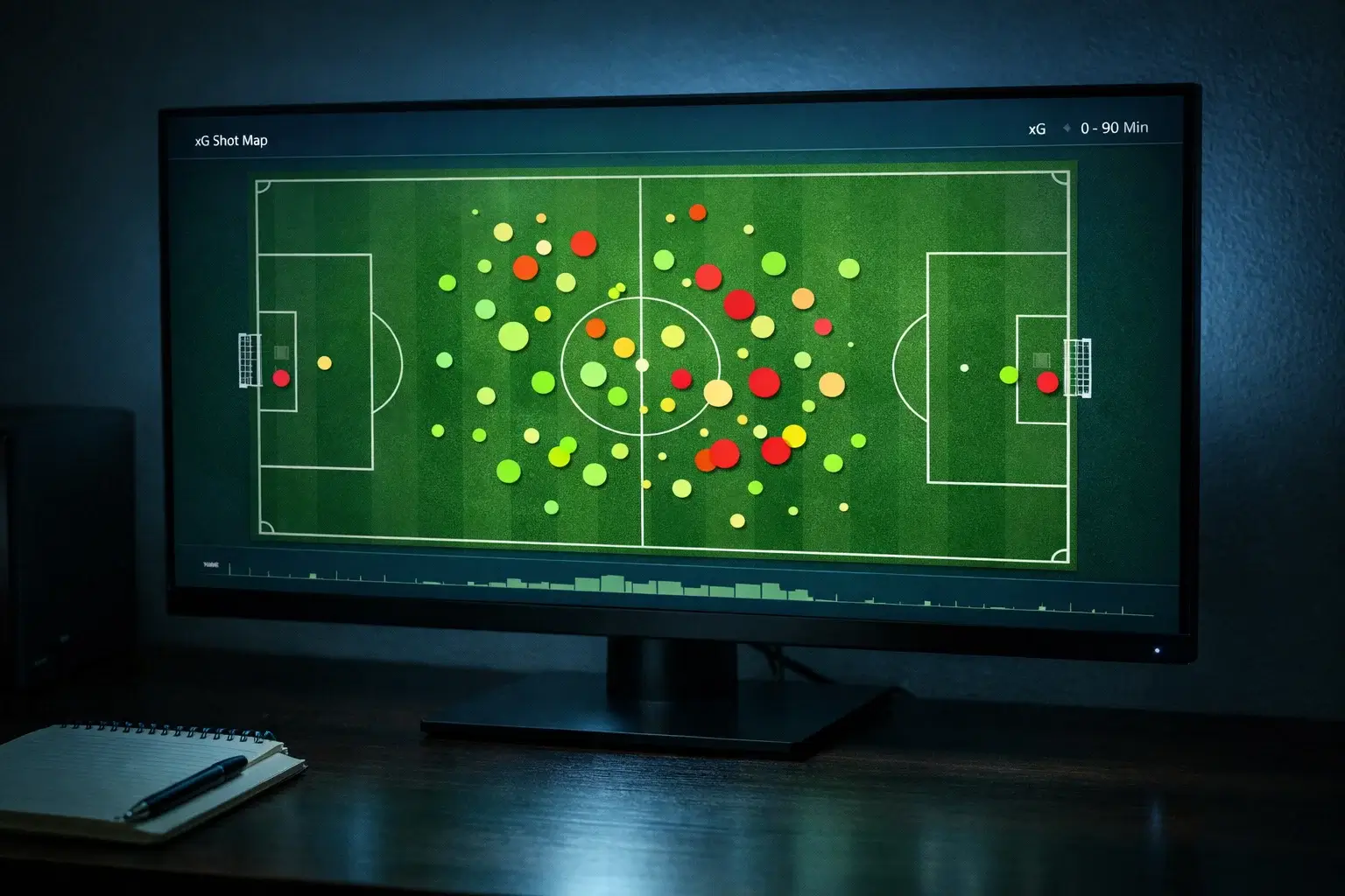Expected goals xG data-analyse voor voetbalwedstrijden op een scherm