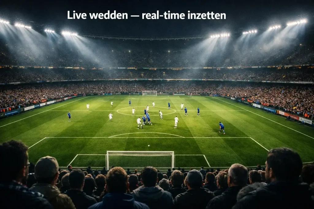 Live voetbalweddenschappen tijdens een avondwedstrijd in een verlicht stadion