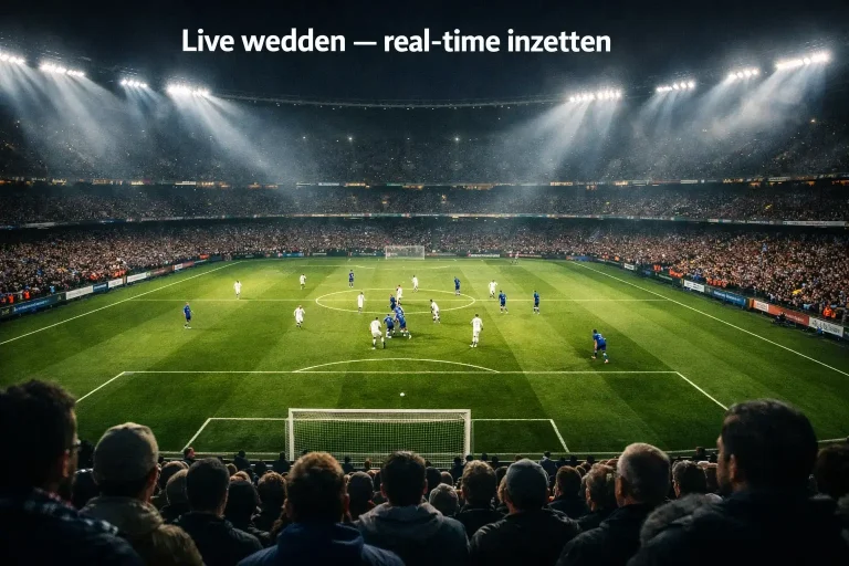 Live voetbalweddenschappen tijdens een avondwedstrijd in een verlicht stadion