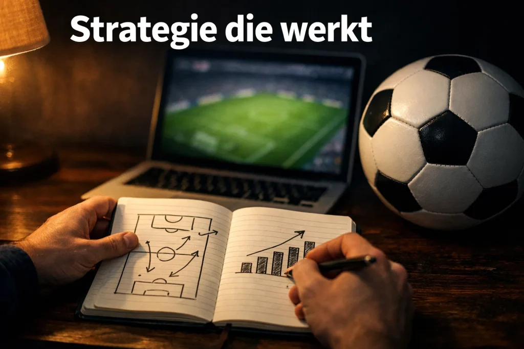 Strategie voor voetbalweddenschappen met notitieboek en analyses naast een voetbalveld