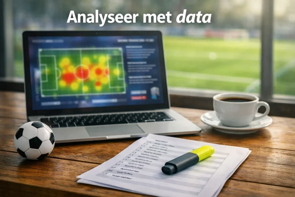 Voetbalwedstrijden analyseren met data en statistieken op een laptop naast het veld